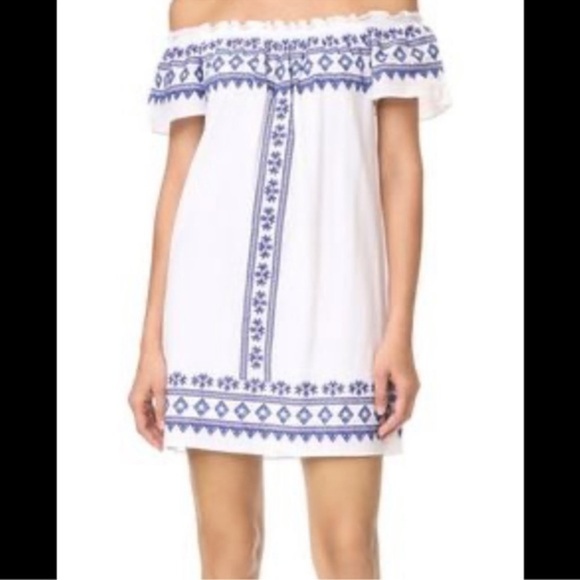 Christophe Sauvat White and Blue embroidered off the shoulder Dress Sz XS - Picture 1 of 12
